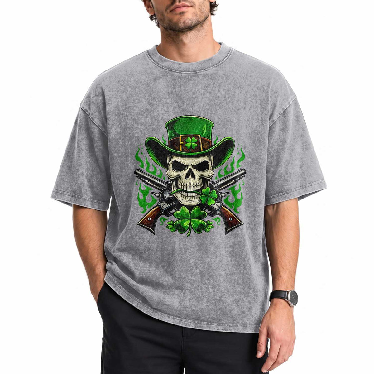 Irish Cowboy Skeleton Washed Cotton T-Shirt St Patricks Day Party Gift