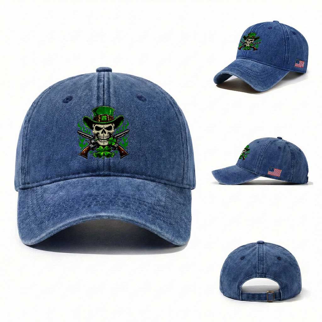 Irish Cowboy Skeleton Washed Cotton Baseball Cap St Patricks Day Party Gift TS12 Washed Cap Universal Fit Royal Blue Print Your Wear