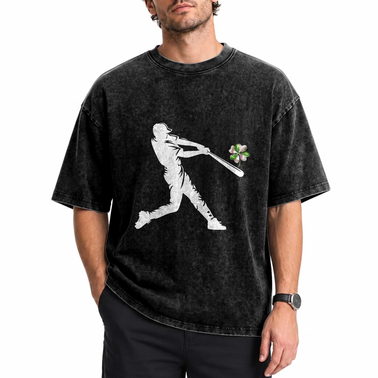 St Patricks Day Baseball Batter Washed Cotton T-Shirt Irish Sports Gift