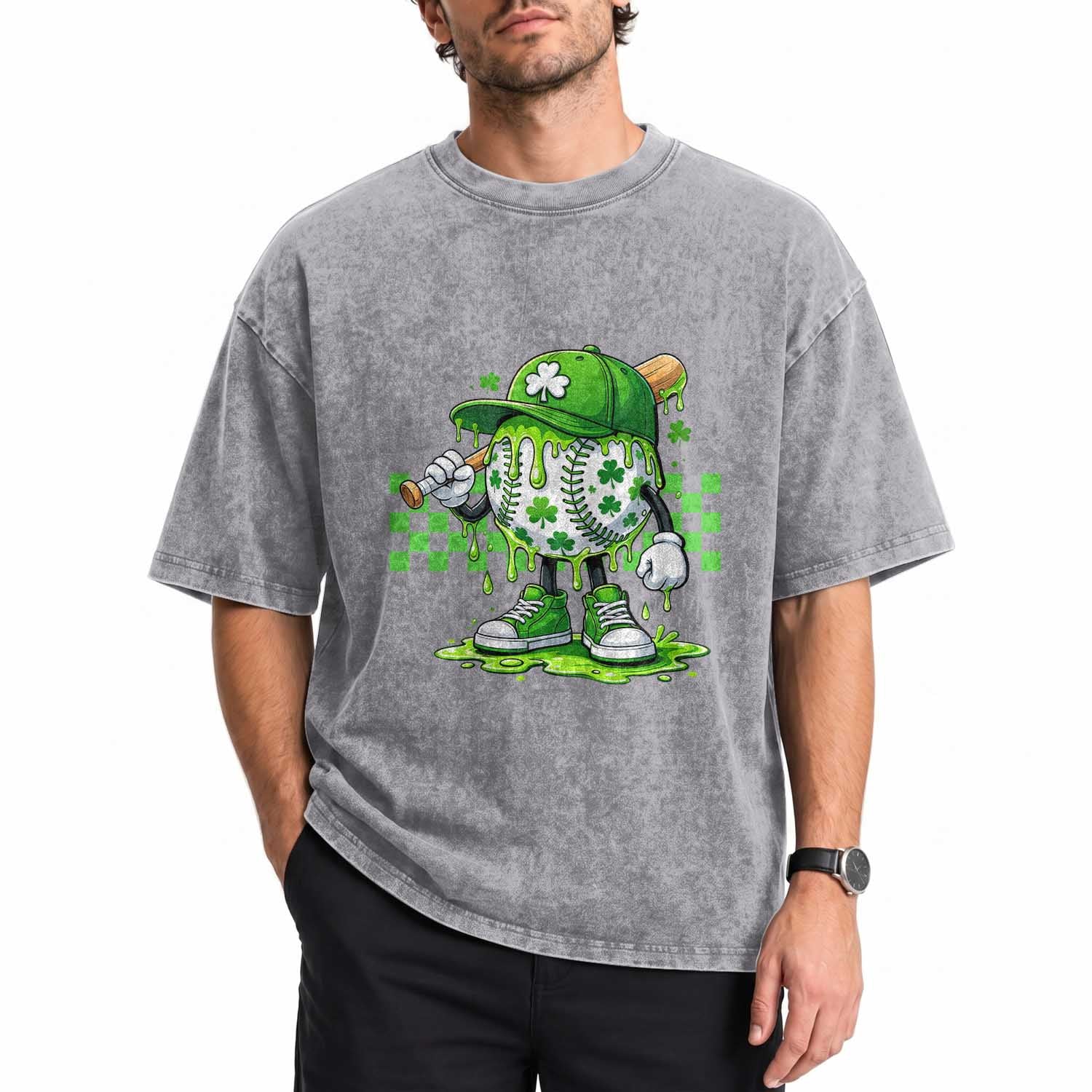 St Patricks Day Shamrock Baseball Player Gift Washed Cotton T-Shirt