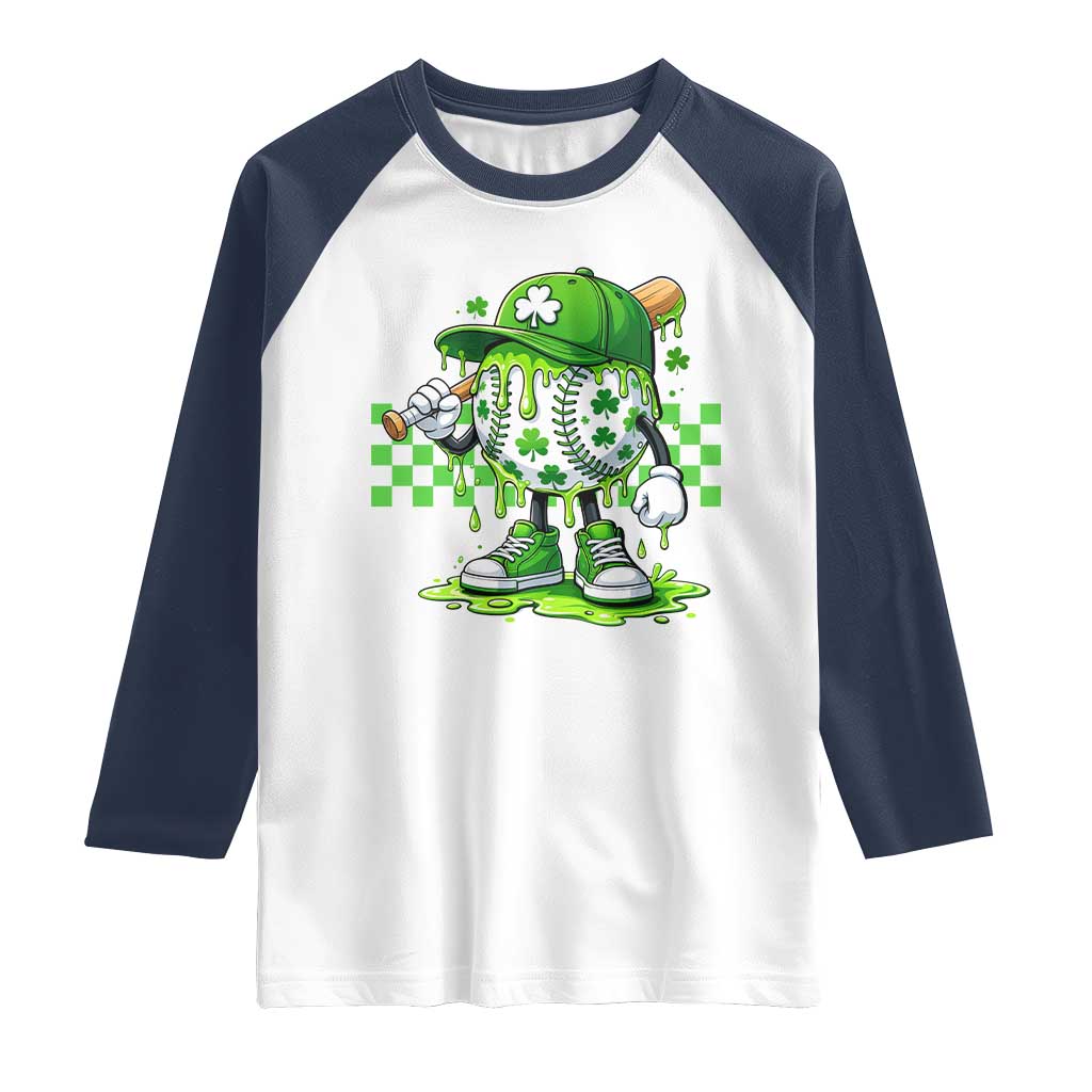 St Patricks Day Shamrock Baseball Player Gift Raglan Shirt TS12 White Navy Print Your Wear