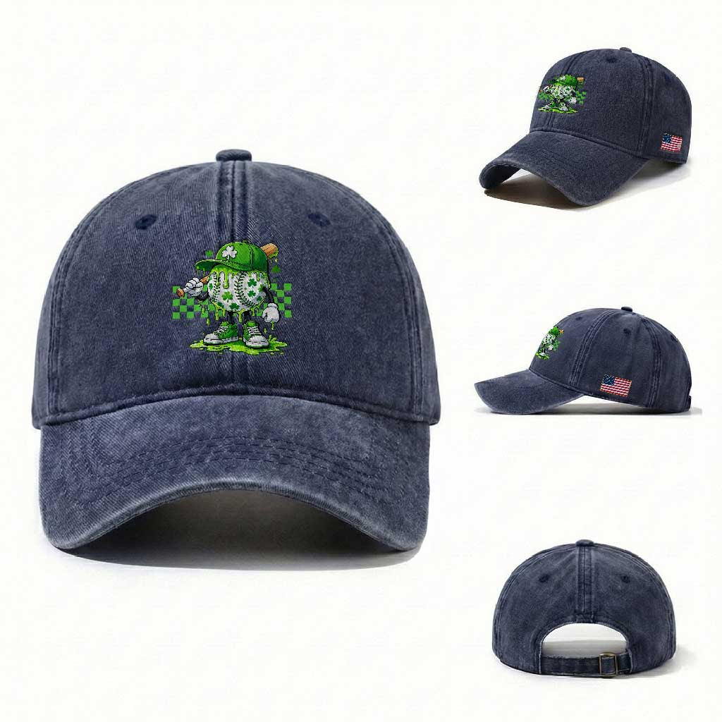 St Patricks Day Shamrock Baseball Player Gift Washed Cotton Baseball Cap TS12 Washed Cap Universal Fit Navy Print Your Wear