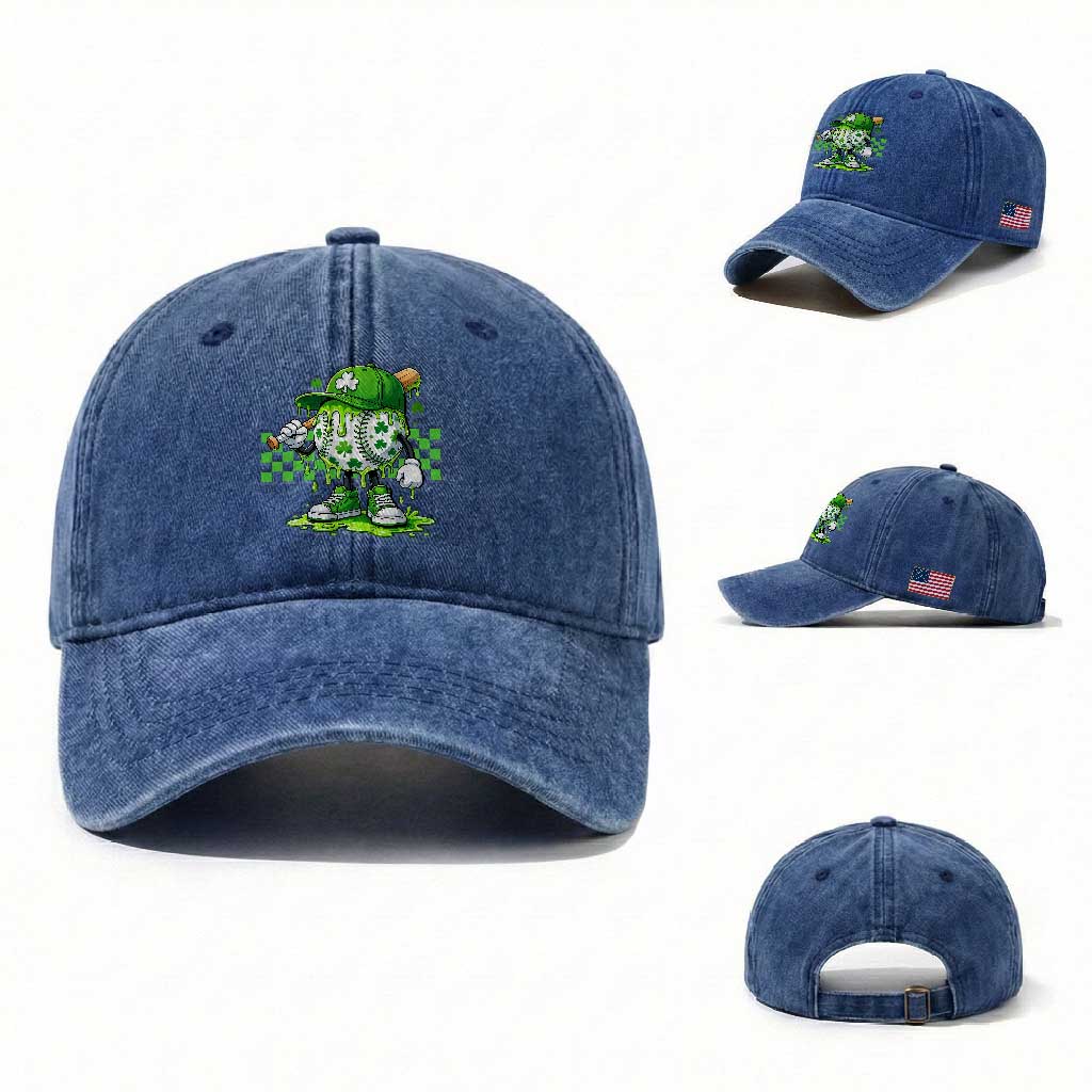 St Patricks Day Shamrock Baseball Player Gift Washed Cotton Baseball Cap TS12 Washed Cap Universal Fit Royal Blue Print Your Wear