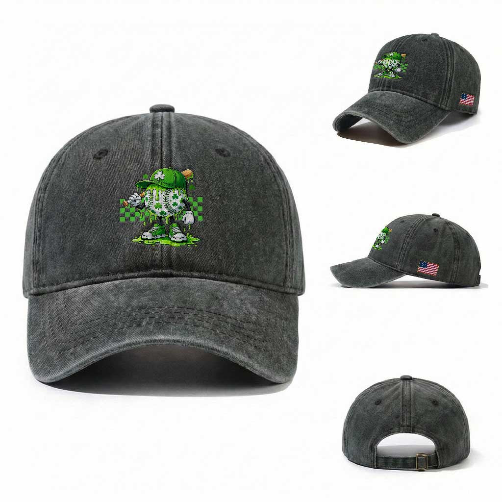 St Patricks Day Shamrock Baseball Player Gift Washed Cotton Baseball Cap TS12 Washed Cap Universal Fit Dark Green Print Your Wear