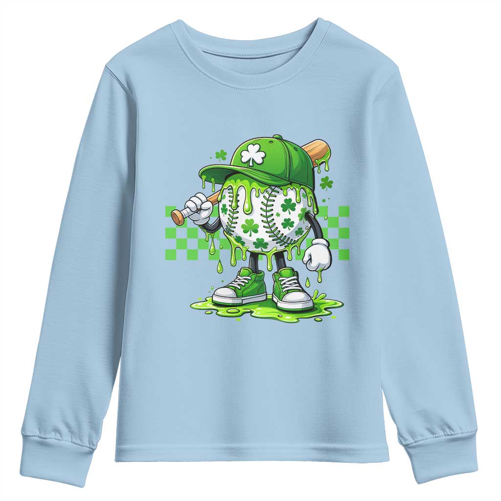 St Patricks Day Shamrock Baseball Player Gift Youth Sweatshirt TS12 Light Blue Print Your Wear
