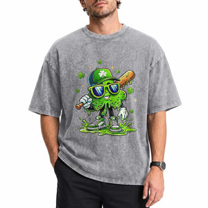 Funny St Patricks Day Clover Baseball Player Gift Washed Cotton T-Shirt