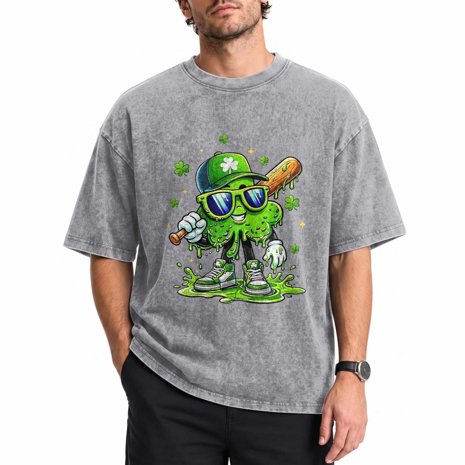 Funny St Patricks Day Clover Baseball Player Gift Washed Cotton T-Shirt