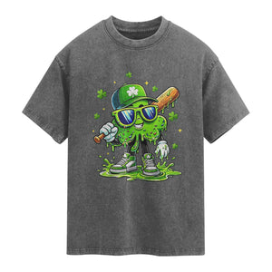 Funny St Patricks Day Clover Baseball Player Gift Washed Cotton T-Shirt