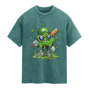 Funny St Patricks Day Clover Baseball Player Gift Washed Cotton T-Shirt