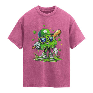 Funny St Patricks Day Clover Baseball Player Gift Washed Cotton T-Shirt