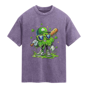 Funny St Patricks Day Clover Baseball Player Gift Washed Cotton T-Shirt