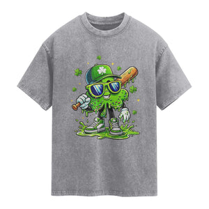 Funny St Patricks Day Clover Baseball Player Gift Washed Cotton T-Shirt