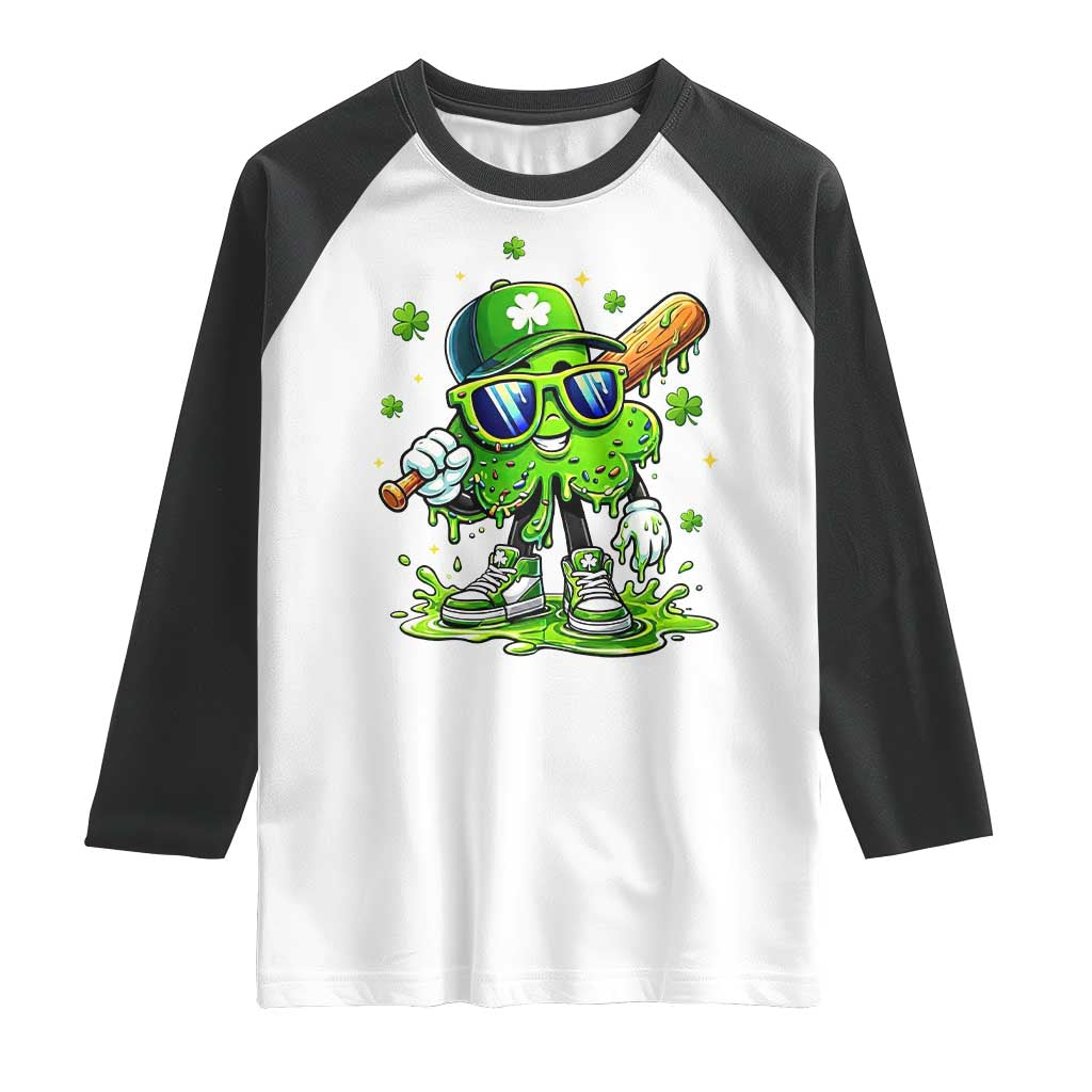 Funny St Patricks Day Clover Baseball Player Gift Raglan Shirt TS12 White Black Print Your Wear