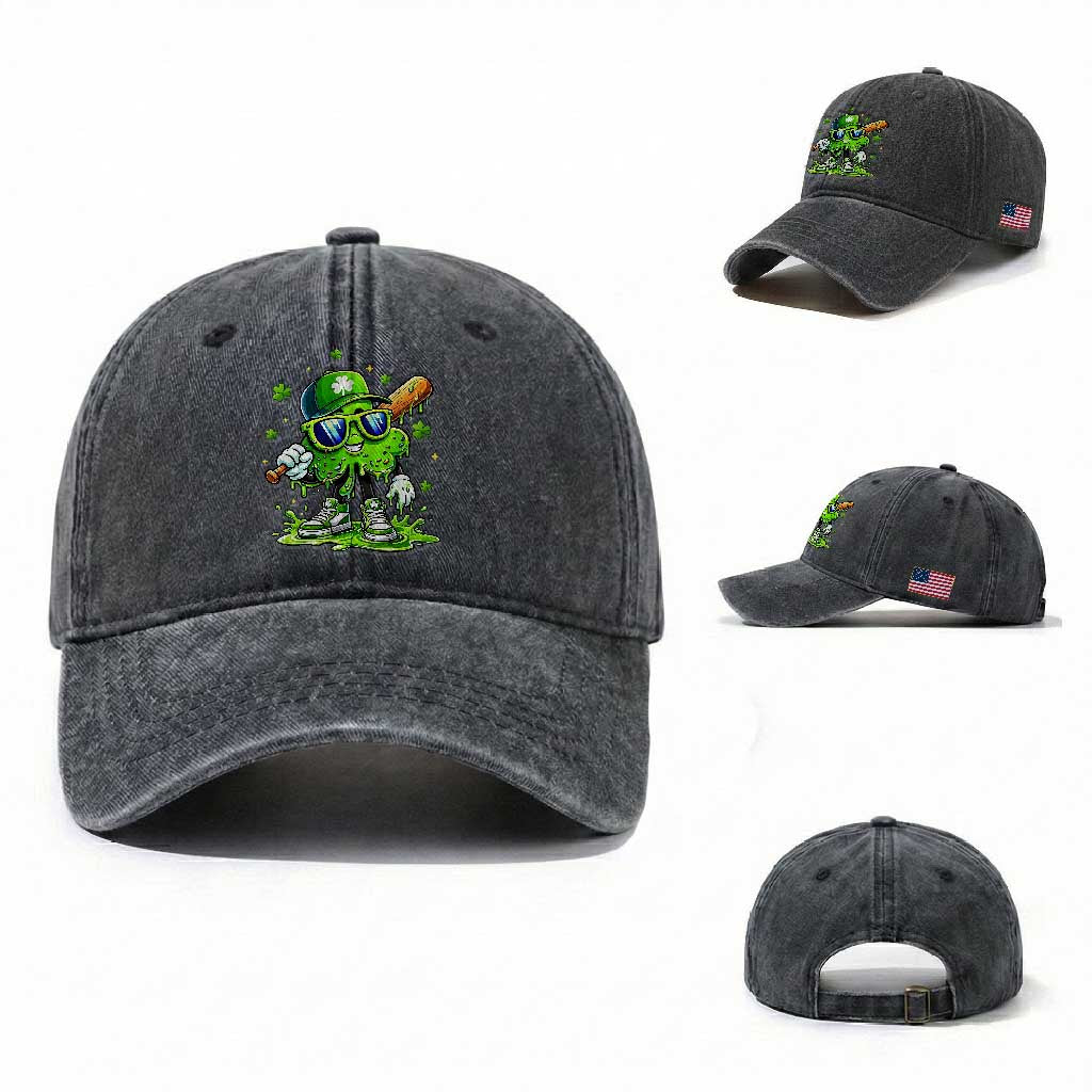 Funny St Patricks Day Clover Baseball Player Gift Washed Cotton Baseball Cap TS12 Washed Cap Universal Fit Dark Gray Print Your Wear