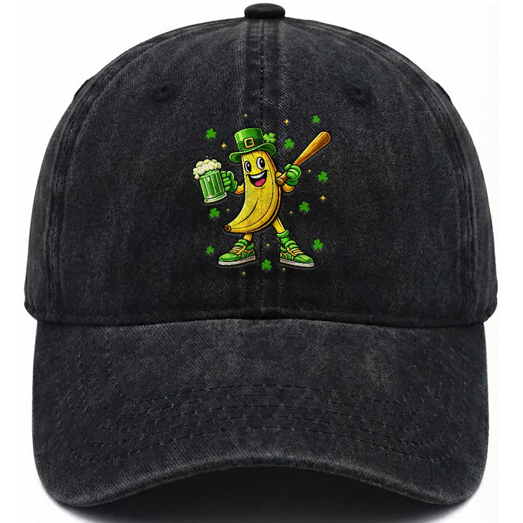 Funny Banana Baseball Player Gift Washed Cotton Baseball Cap St Patricks Day TS12 Washed Cap Universal Fit Black Print Your Wear