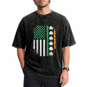 USA Flag With Shamrocks Washed Cotton T-Shirt St Patricks Day Gift