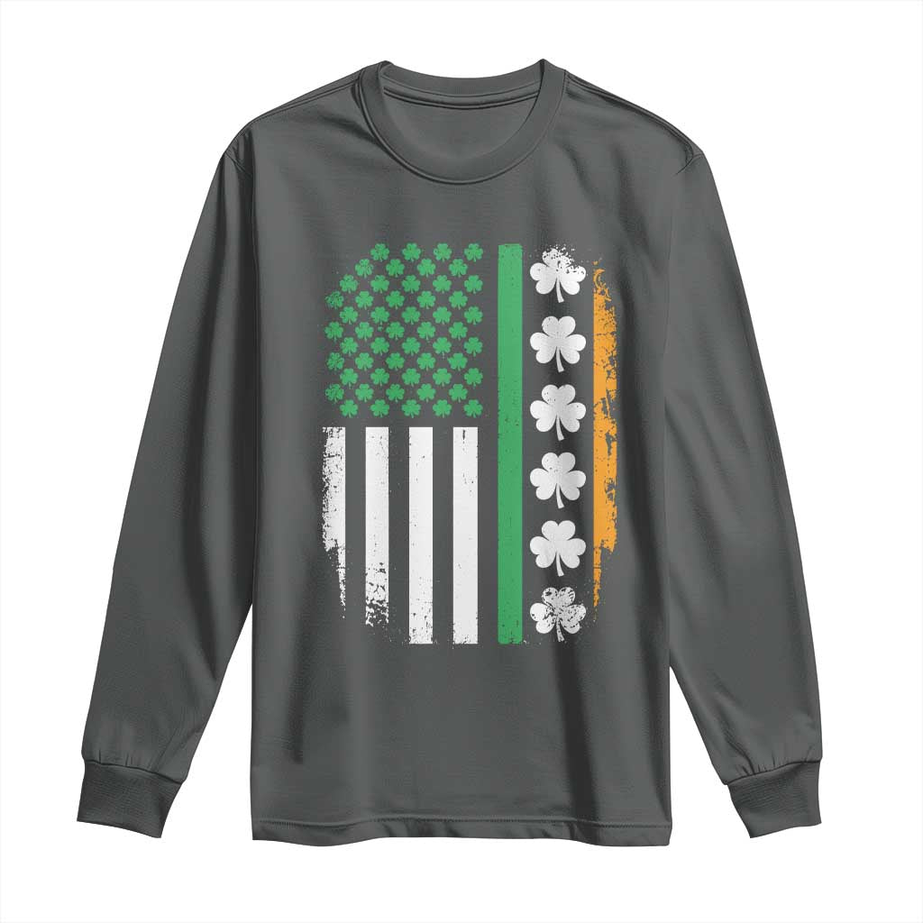 USA Flag With Shamrocks Long Sleeve Shirt St Patricks Day Gift TS12 Dark Heather Print Your Wear