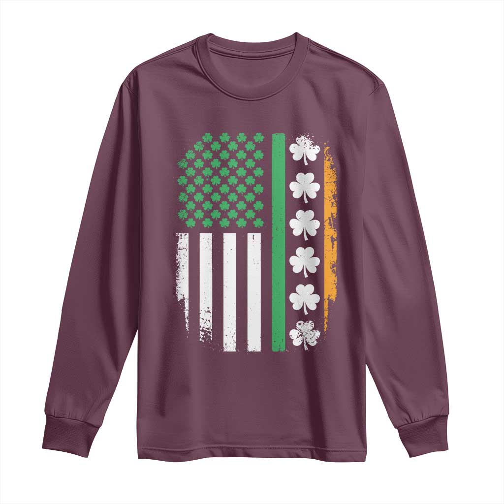 USA Flag With Shamrocks Long Sleeve Shirt St Patricks Day Gift TS12 Maroon Print Your Wear
