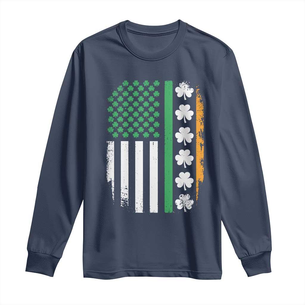 USA Flag With Shamrocks Long Sleeve Shirt St Patricks Day Gift TS12 Navy Print Your Wear