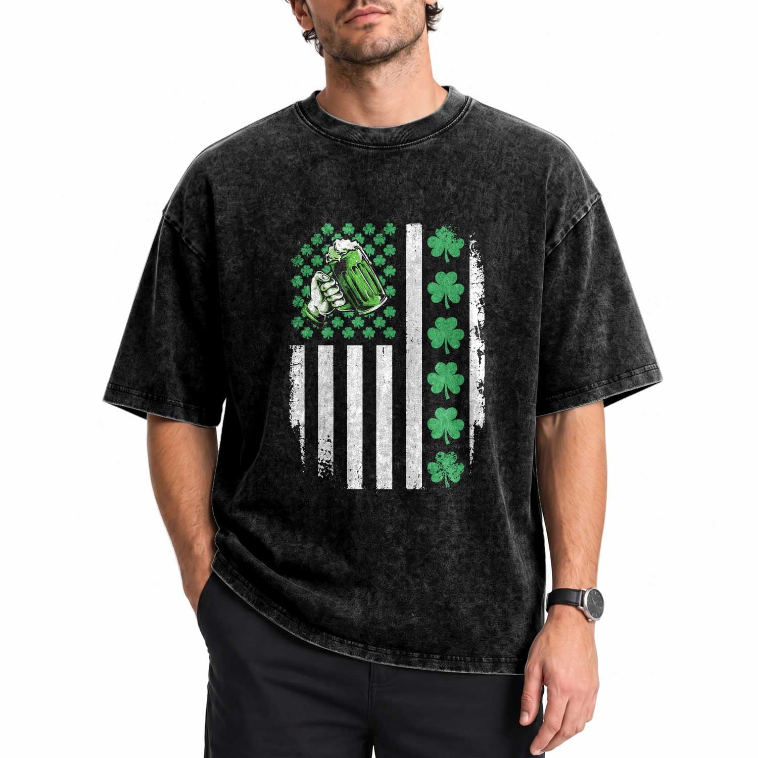 Irish Patriotic USA Flag With Shamrocks Gift Washed Cotton T-Shirt