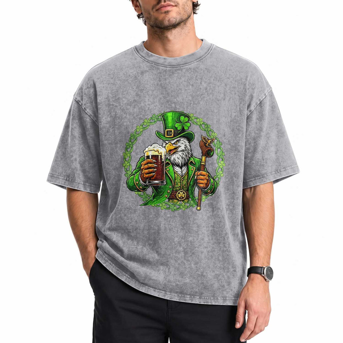 Irish Patriotic Eagle Leprechaun Washed Cotton T-Shirt St Patricks Day Gift