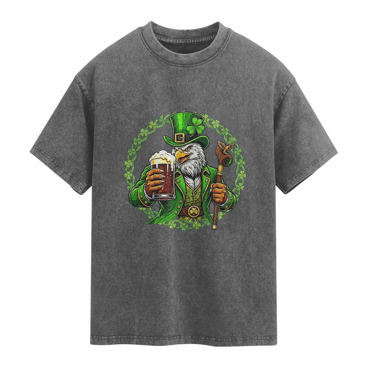 Irish Patriotic Eagle Leprechaun Washed Cotton T-Shirt St Patricks Day Gift