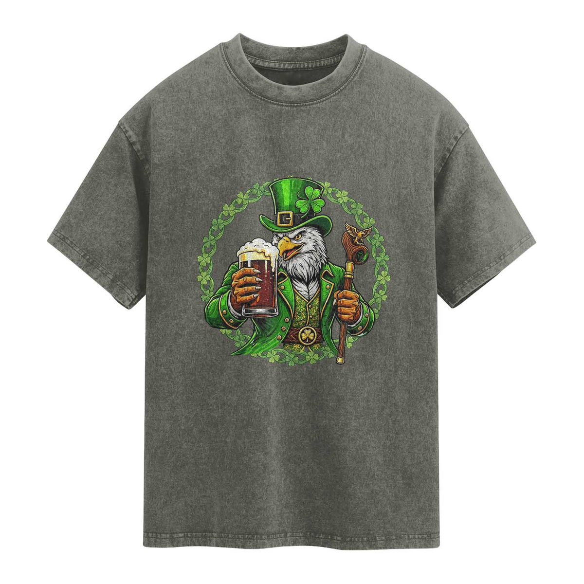 Irish Patriotic Eagle Leprechaun Washed Cotton T-Shirt St Patricks Day Gift