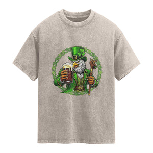 Irish Patriotic Eagle Leprechaun Washed Cotton T-Shirt St Patricks Day Gift