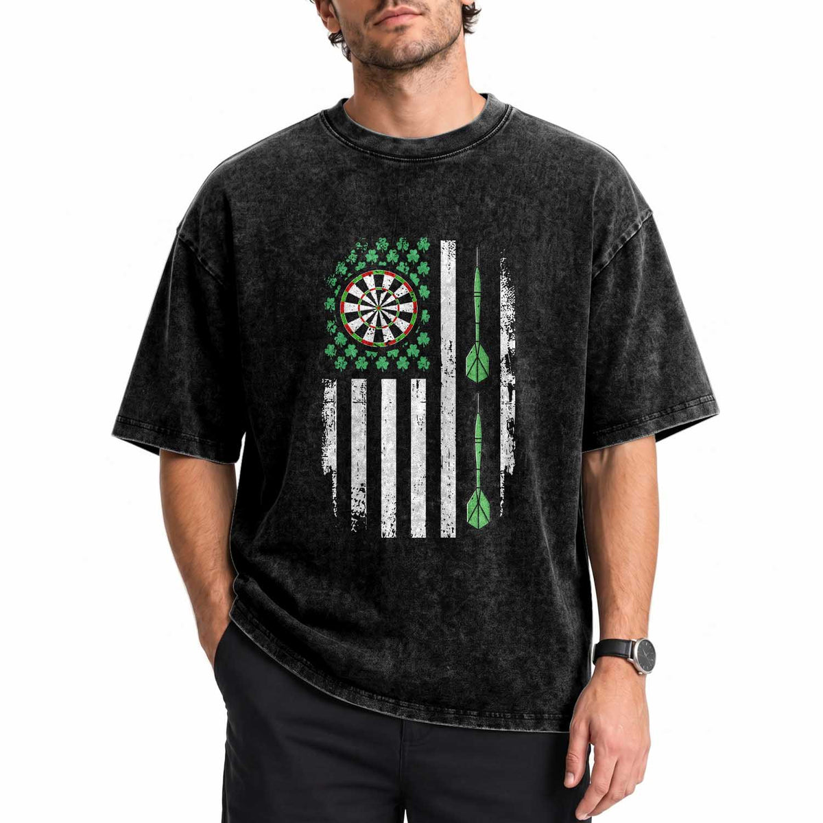 Irish American Darts Shamrock Flag Gift Washed Cotton T-Shirt