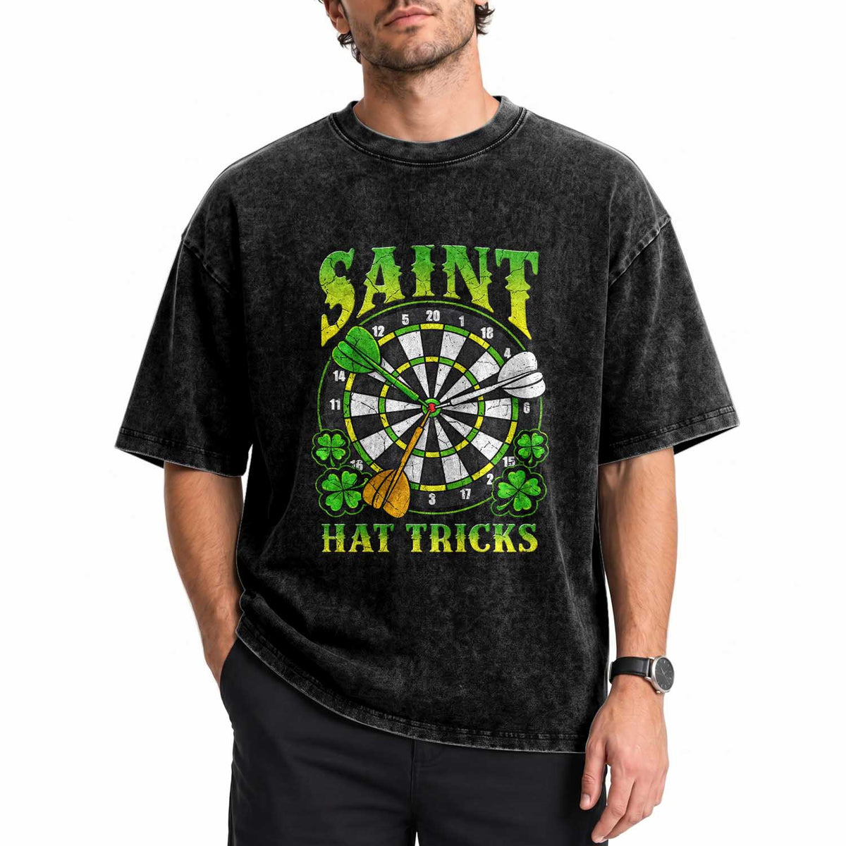 Funny Darts St Patricks Day Gift Washed Cotton T-Shirt Saint Hat Tricks