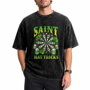 Saint Hat Tricks St Patricks Day Washed Cotton T-Shirt Darts Player Gift