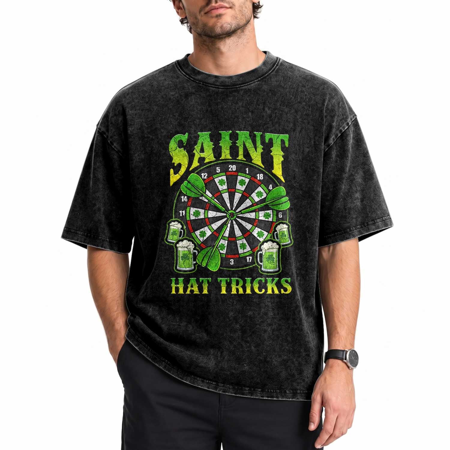 Saint Hat Tricks St Patricks Day Washed Cotton T-Shirt Darts Player Gift