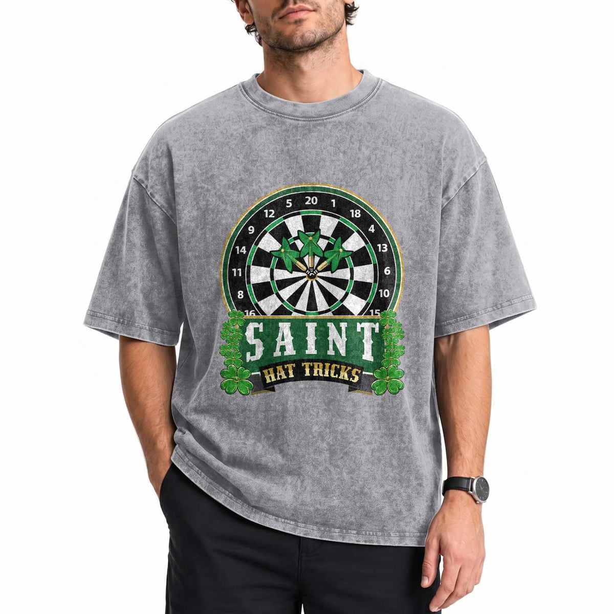 Saint Hat Tricks Washed Cotton T-Shirt St Patricks Day Dart Thrower Gift