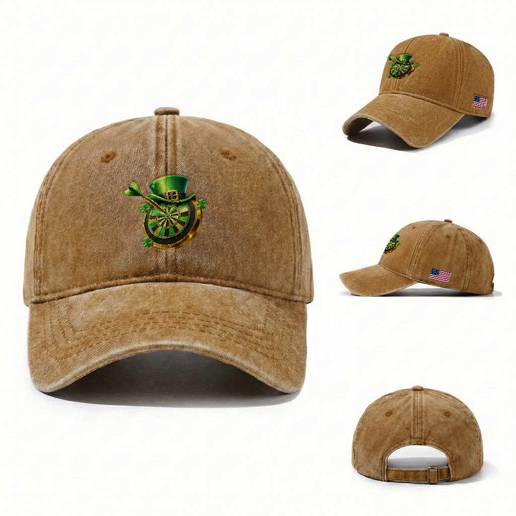 St Patricks Day Irish Darts Board Celebration Gift Washed Cotton Baseball Cap TS12 Washed Cap Universal Fit Yellow Ochre Print Your Wear