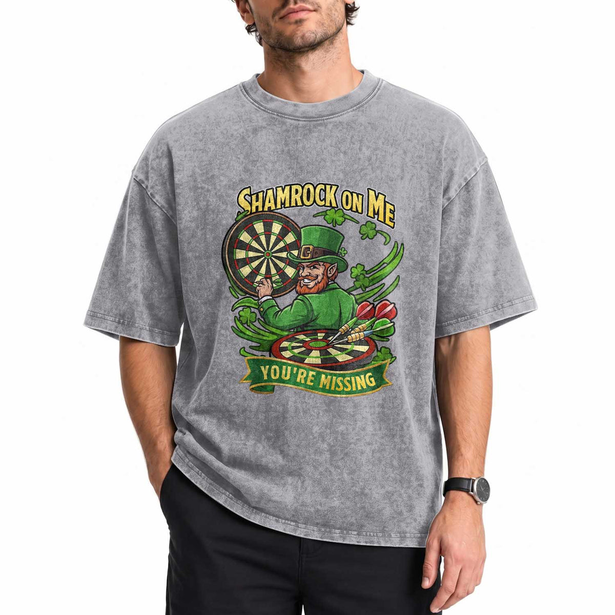 Shamrock On Me Youre Missing Washed Cotton T-Shirt St Patricks Day Darts Player Gift