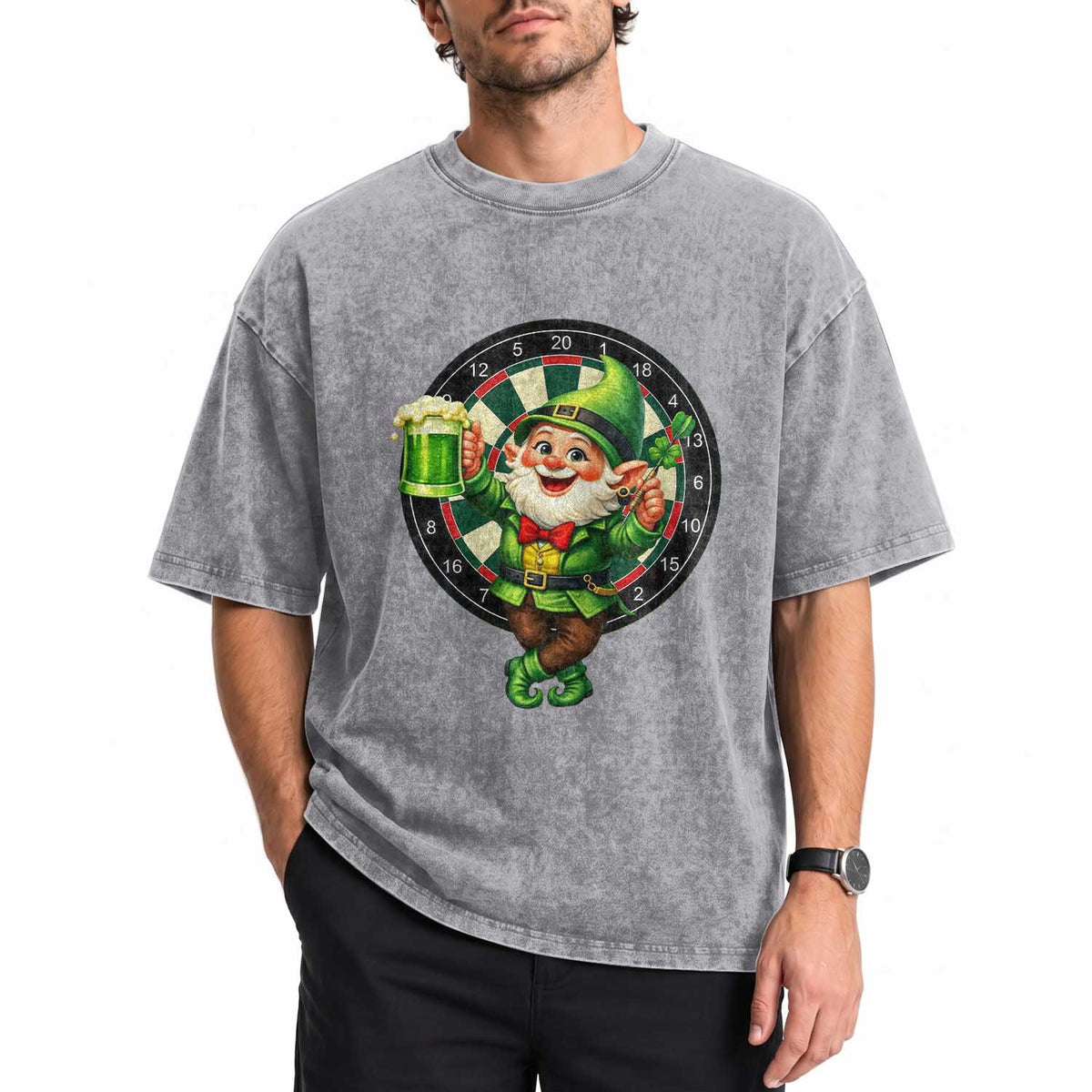 Cheerful Gnome Playing Darts Washed Cotton T-Shirt St Patricks Day Gift