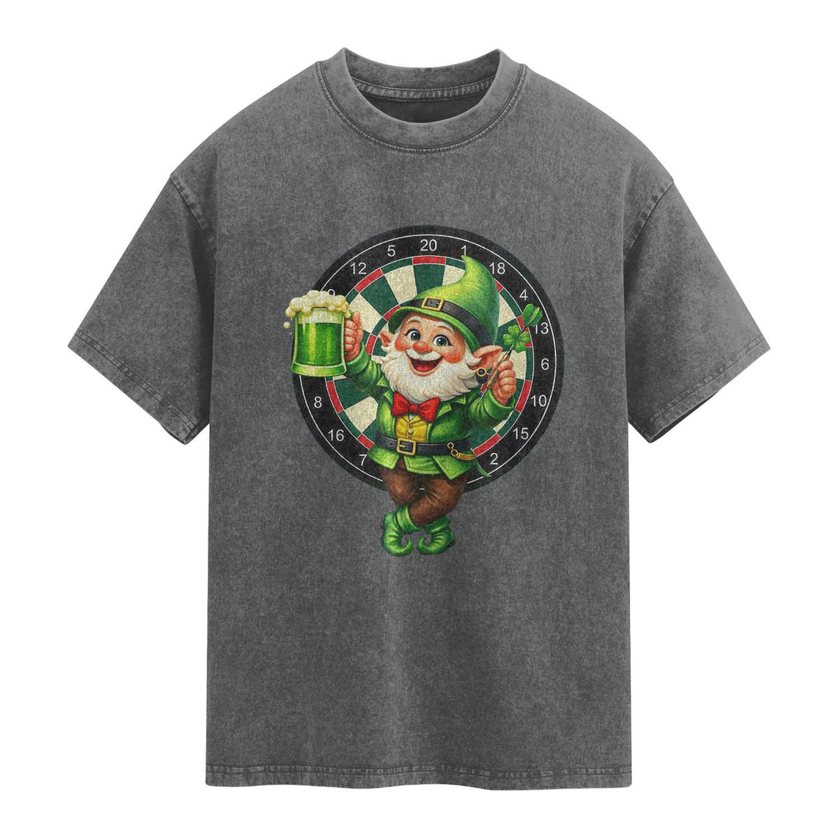 Cheerful Gnome Playing Darts Washed Cotton T-Shirt St Patricks Day Gift