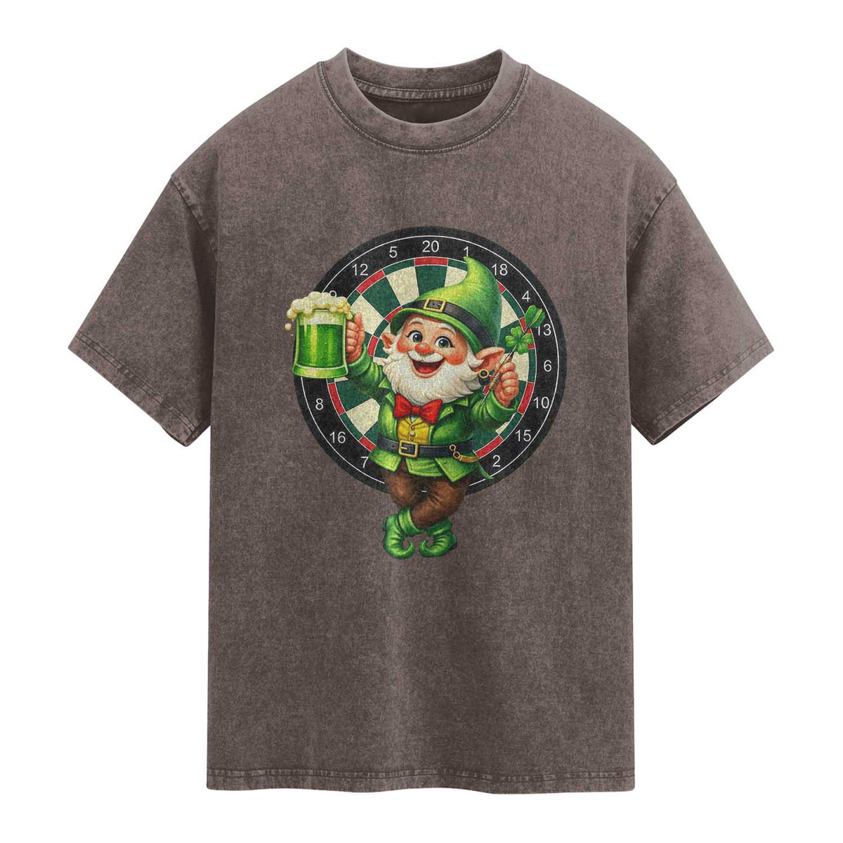 Cheerful Gnome Playing Darts Washed Cotton T-Shirt St Patricks Day Gift