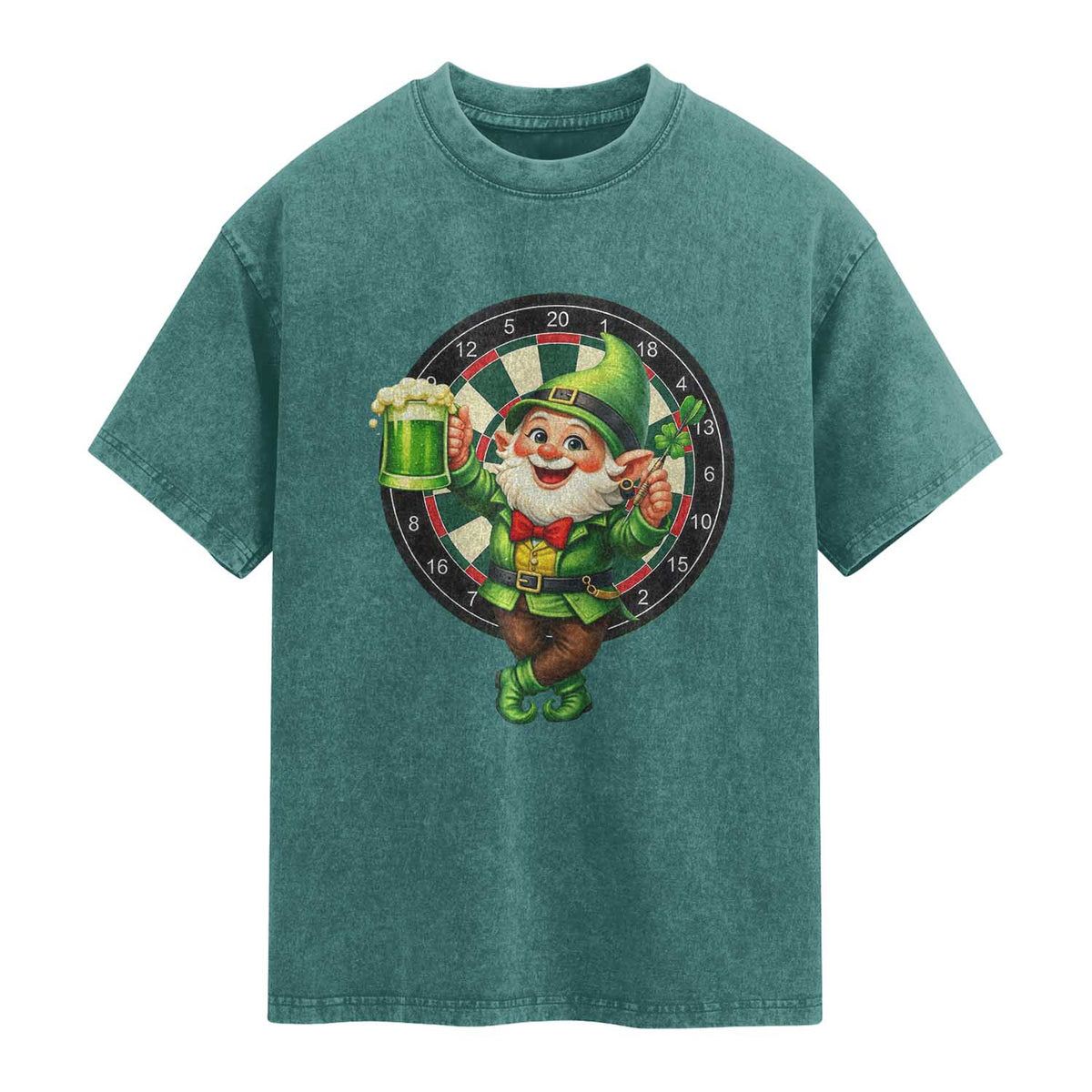 Cheerful Gnome Playing Darts Washed Cotton T-Shirt St Patricks Day Gift