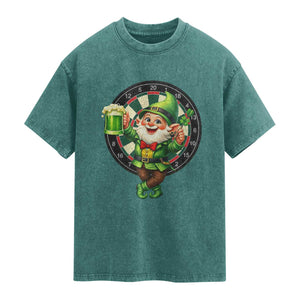 Cheerful Gnome Playing Darts Washed Cotton T-Shirt St Patricks Day Gift