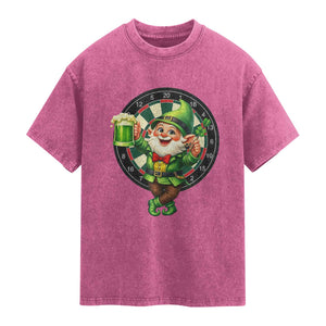 Cheerful Gnome Playing Darts Washed Cotton T-Shirt St Patricks Day Gift