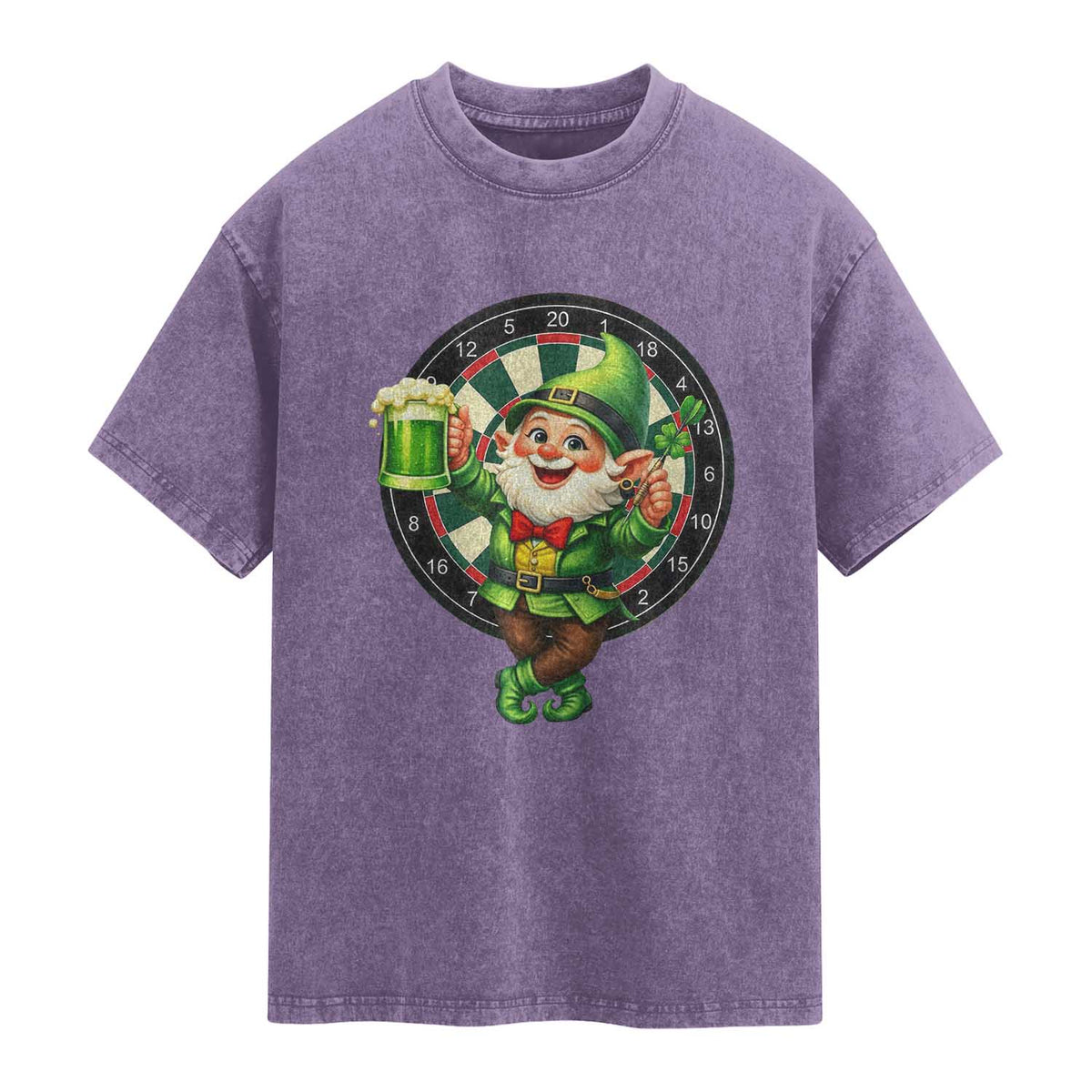 Cheerful Gnome Playing Darts Washed Cotton T-Shirt St Patricks Day Gift