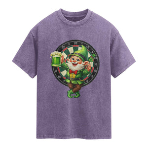 Cheerful Gnome Playing Darts Washed Cotton T-Shirt St Patricks Day Gift