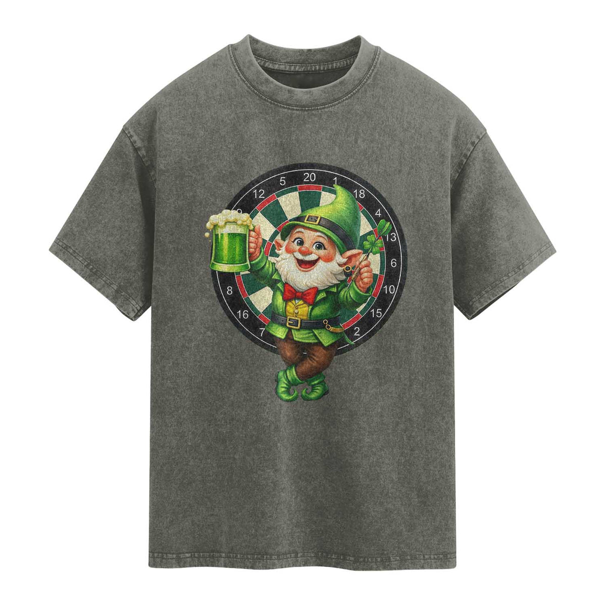 Cheerful Gnome Playing Darts Washed Cotton T-Shirt St Patricks Day Gift