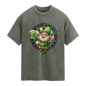 Cheerful Gnome Playing Darts Washed Cotton T-Shirt St Patricks Day Gift