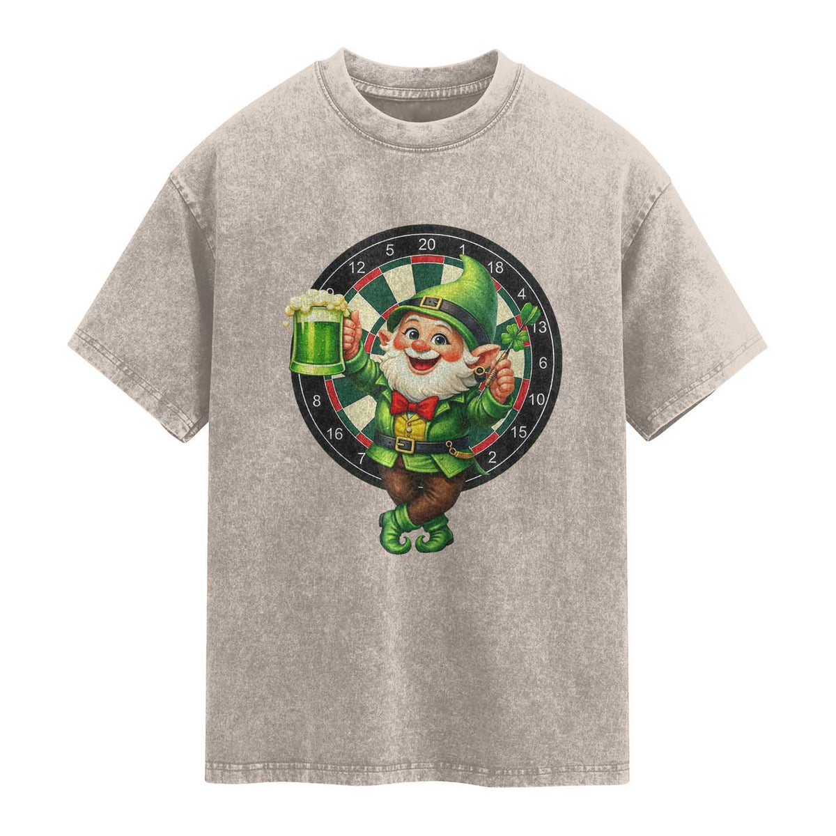 Cheerful Gnome Playing Darts Washed Cotton T-Shirt St Patricks Day Gift