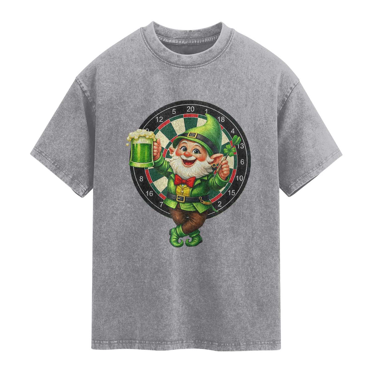 Cheerful Gnome Playing Darts Washed Cotton T-Shirt St Patricks Day Gift