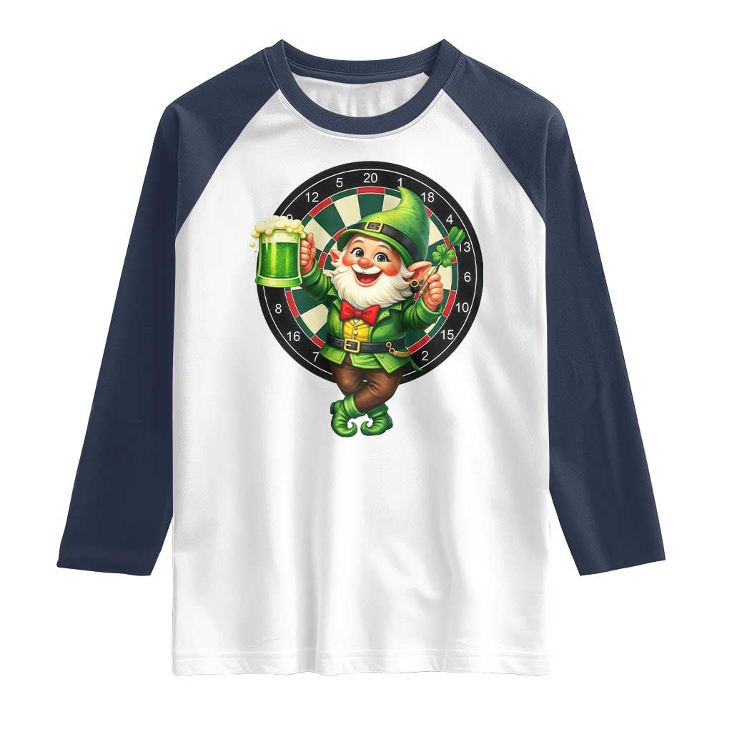 Cheerful Gnome Playing Darts Raglan Shirt St Patricks Day Gift TS12 White Navy Print Your Wear