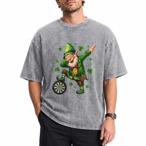 St Patricks Day Cheerful Gnome Dabbing Washed Cotton T-Shirt Darts Lover Gift