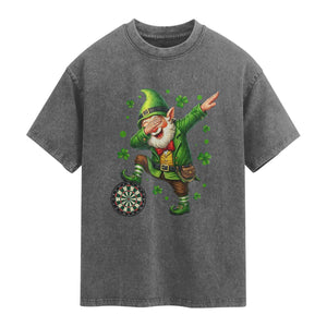 St Patricks Day Cheerful Gnome Dabbing Washed Cotton T-Shirt Darts Lover Gift